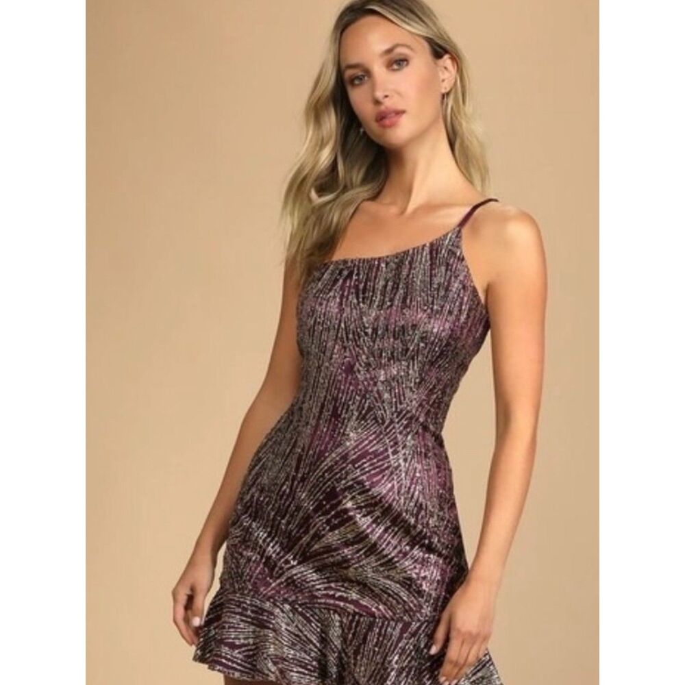 Lulus Stay Shining Plum Purple Sparkly Glitter Sequin One-Shoulder Mini Dress S